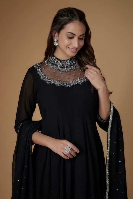 Buy_FATIZ_Black Georgette, Lycra Beads, Sequins High Neck Anarkali Set _Online_at_Aza_Fashions