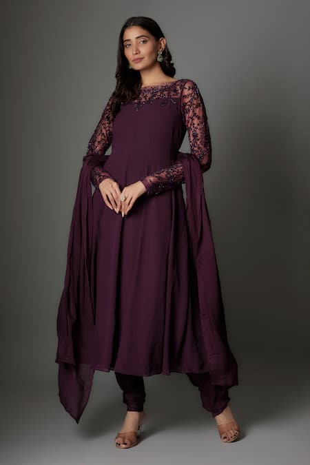 FATIZ Wine Georgette, Lycra Embroidery Round Neck Anarkali Set With Dupatta 