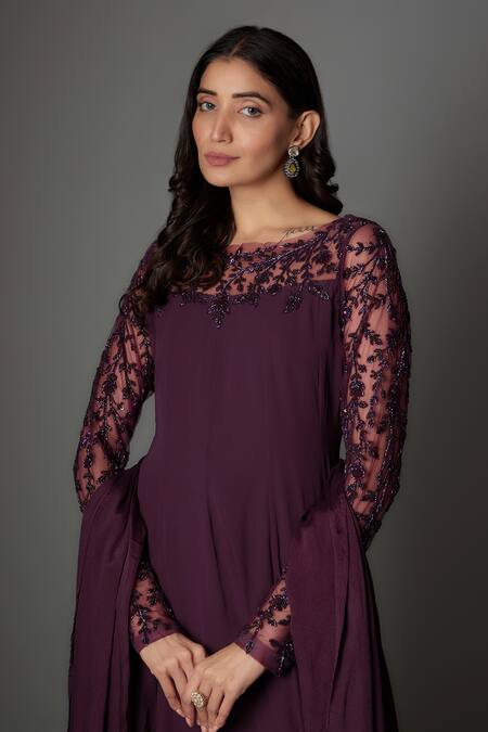 FATIZ_Wine Georgette, Lycra Embroidery Round Neck Anarkali Set With Dupatta _Online_at_Aza_Fashions