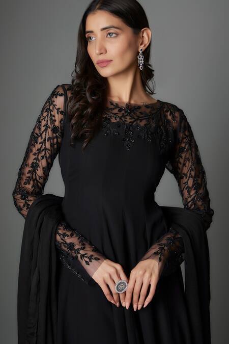 FATIZ_Black Georgette, Lycra Embroidery Round Neck Anarkali Set _Online_at_Aza_Fashions