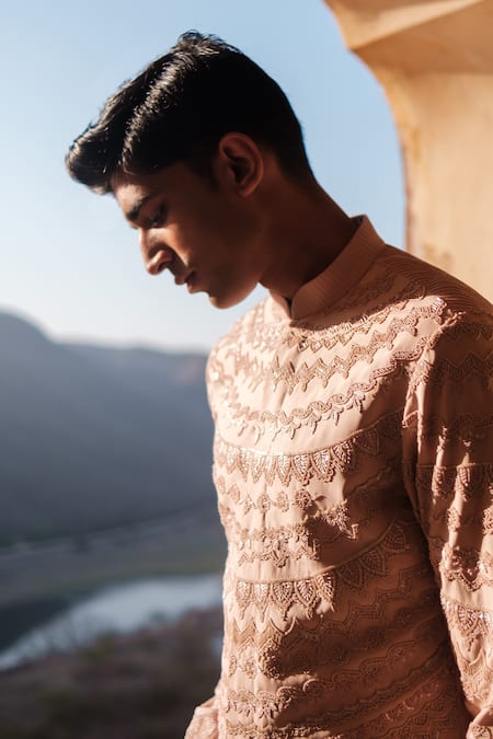 Amaare_Pink Cotton, Silk Embroidery Yantra Kurta Set _Online_at_Aza_Fashions