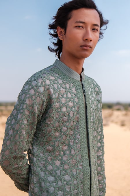 Shop_Amaare_Green Organza Embroidery Link Kurta Set _Online_at_Aza_Fashions