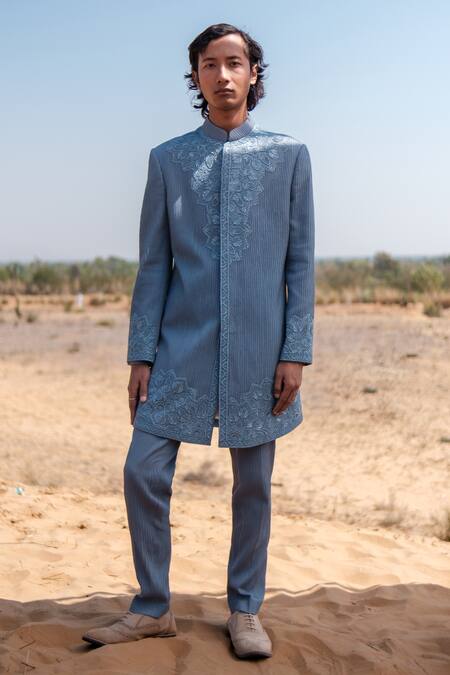 Amaare Blue Cotton, Silk Embroidery Mandala Achkan Set 