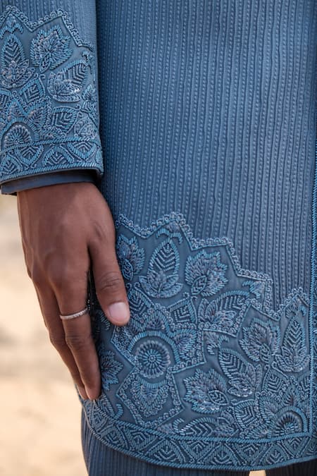 Amaare_Blue Cotton, Silk Embroidery Mandala Achkan Set _Online_at_Aza_Fashions