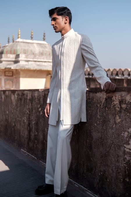 Amaare Ivory Cotton Embroidery Cuban Link Achkan Set 