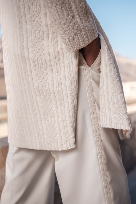 Amaare_Ivory Cotton, Silk Embroidery Cuban Link Achkan Set _Online_at_Aza_Fashions