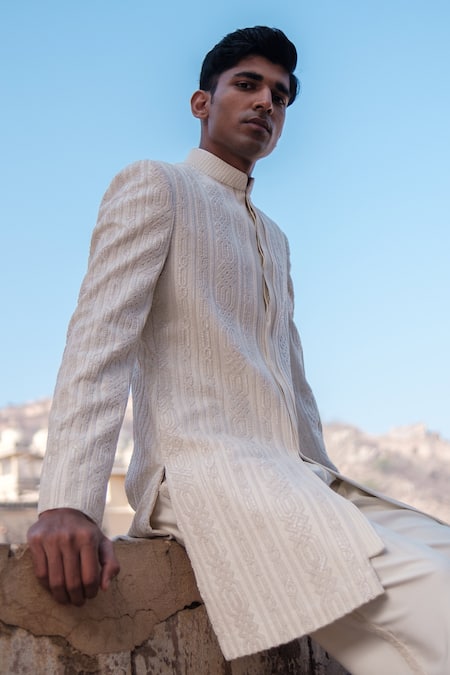 Buy_Amaare_Ivory Cotton, Silk Embroidery Cuban Link Achkan Set _Online_at_Aza_Fashions