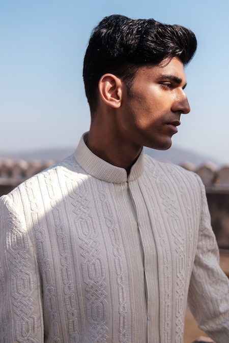 Shop_Amaare_Ivory Cotton, Silk Embroidery Cuban Link Achkan Set _Online_at_Aza_Fashions