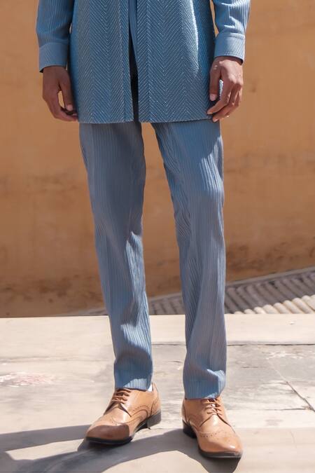 Amaare_Blue Cotton, Silk Chevron Shield Nehru Jacket Set _Online_at_Aza_Fashions