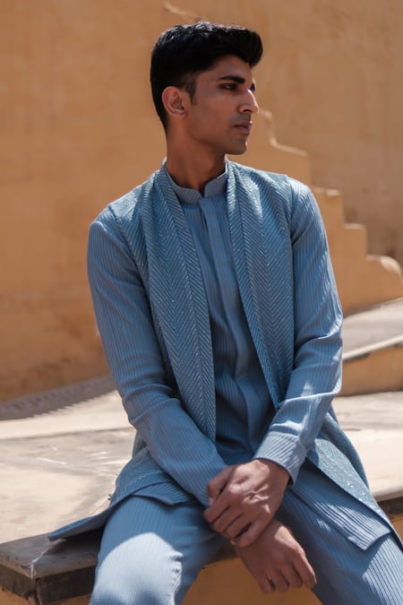 Buy_Amaare_Blue Cotton, Silk Chevron Shield Nehru Jacket Set _Online_at_Aza_Fashions