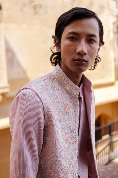 Buy_Amaare_Purple Cotton, Silk Embroidery Psy Garden Nehru Jacket Set _Online_at_Aza_Fashions