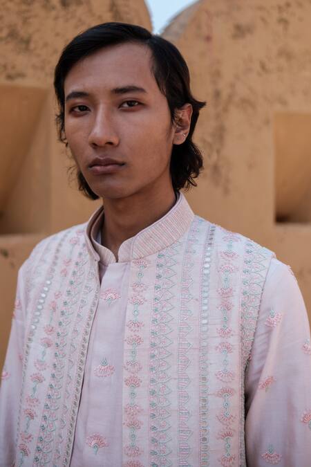 Amaare_Beige Chanderi Embroidery Bliss Nehru Jacket Set _Online_at_Aza_Fashions