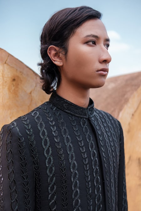 Amaare_Black Cotton, Silk Embroidery Cable Link Bandhgala Set _Online_at_Aza_Fashions