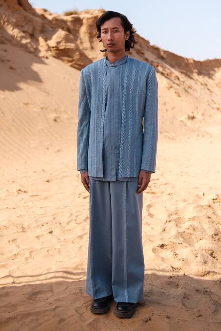 Amaare Blue Cotton, Silk Embroidery Cuban Chain Open Jacket Set 
