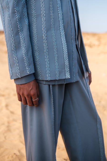 Amaare_Blue Cotton, Silk Embroidery Cuban Chain Open Jacket Set _Online_at_Aza_Fashions