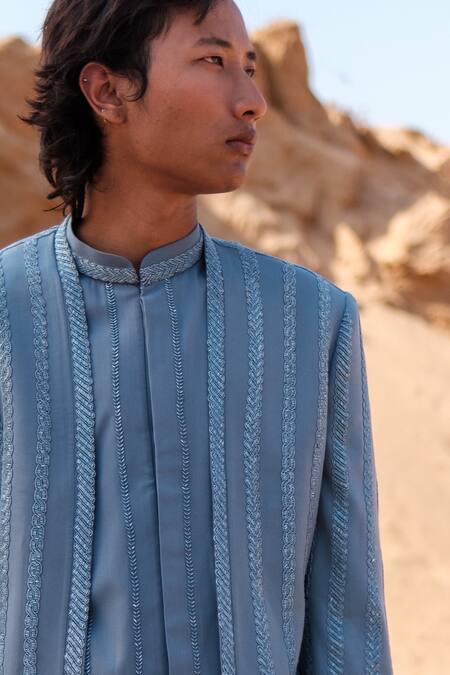 Buy_Amaare_Blue Cotton, Silk Embroidery Cuban Chain Open Jacket Set _Online_at_Aza_Fashions