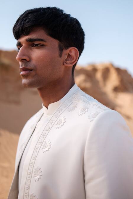 Amaare_Ivory Cotton, Silk Embroidery Designer Lotus Open Bandhgala Jacket Set _Online_at_Aza_Fashions