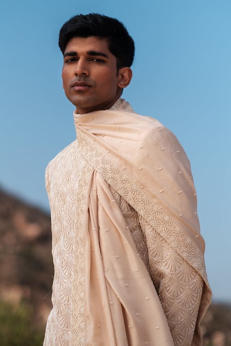 Amaare_Beige Silk Sequins Foliage Sherwani Set _Online_at_Aza_Fashions