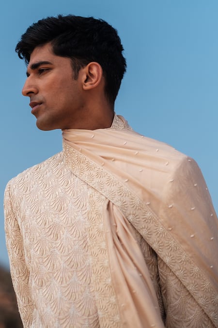 Buy_Amaare_Beige Silk Sequins Foliage Sherwani Set _Online_at_Aza_Fashions