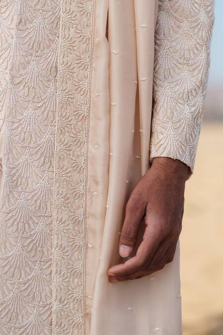 Shop_Amaare_Beige Silk Sequins Foliage Sherwani Set _Online_at_Aza_Fashions