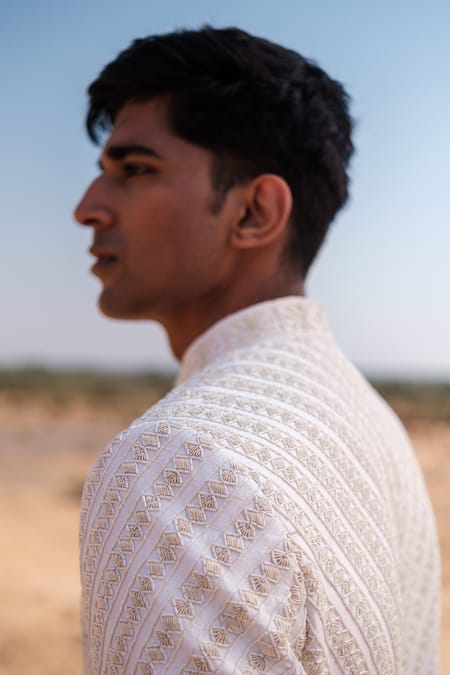 Shop_Amaare_Ivory Silk Embroidery Cable Link Sherwani Set _Online_at_Aza_Fashions