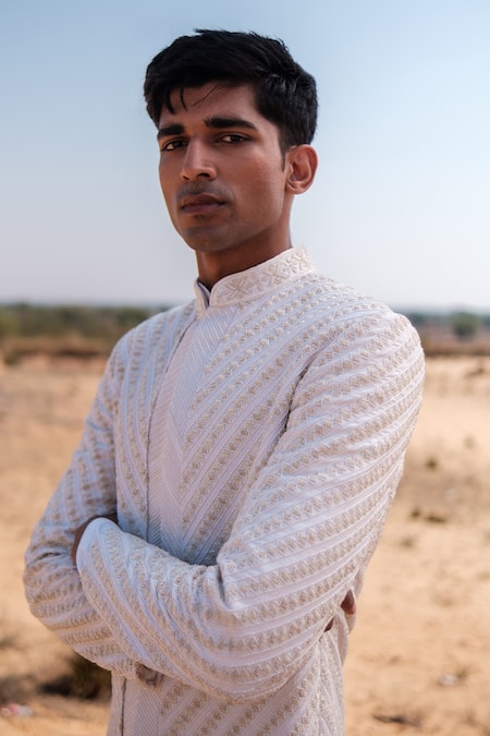 Amaare_Ivory Silk Embroidery Cable Link Sherwani Set _at_Aza_Fashions