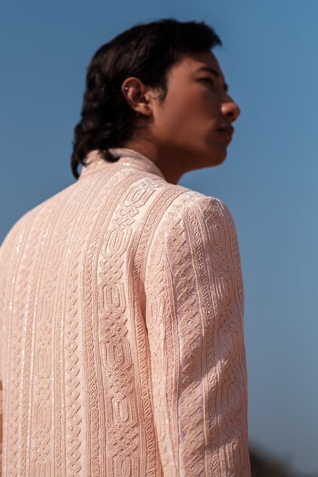 Amaare_Peach Silk Embroidery Cuban Link Sherwani Set _Online_at_Aza_Fashions