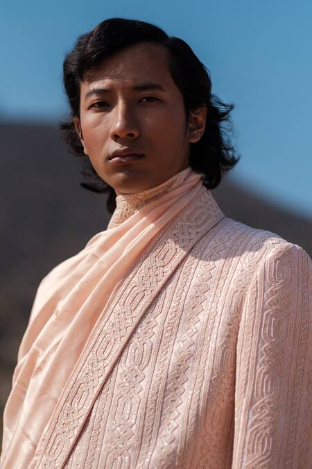 Buy_Amaare_Peach Silk Embroidery Cuban Link Sherwani Set _Online_at_Aza_Fashions