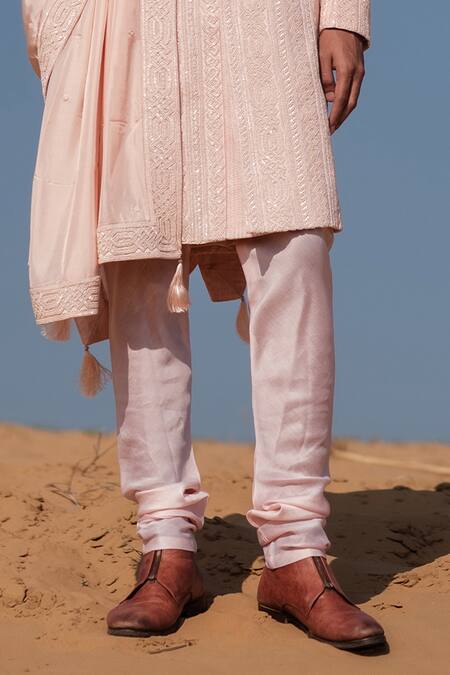 Shop_Amaare_Peach Silk Embroidery Cuban Link Sherwani Set _Online_at_Aza_Fashions