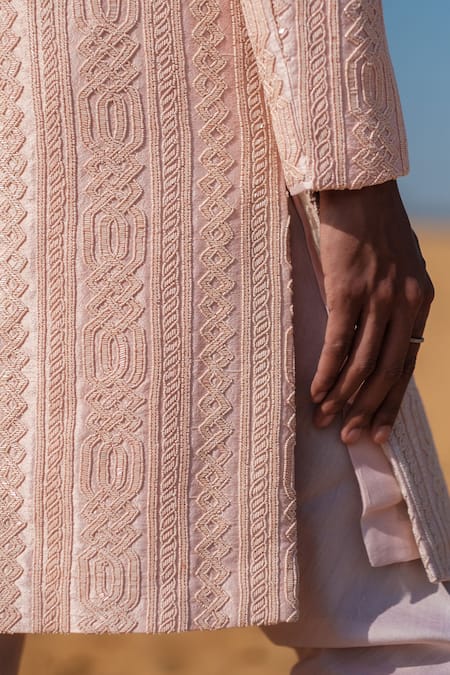 Amaare_Peach Silk Embroidery Cuban Link Sherwani Set _at_Aza_Fashions