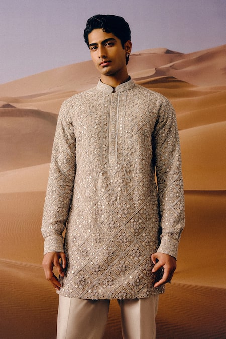 Amaare_Gray Chanderi Embroidery Vanya Designer Kurta Set _Online_at_Aza_Fashions