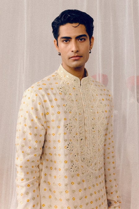 Amaare_Beige Silk Embroidery Chandi Kurta Set _Online_at_Aza_Fashions