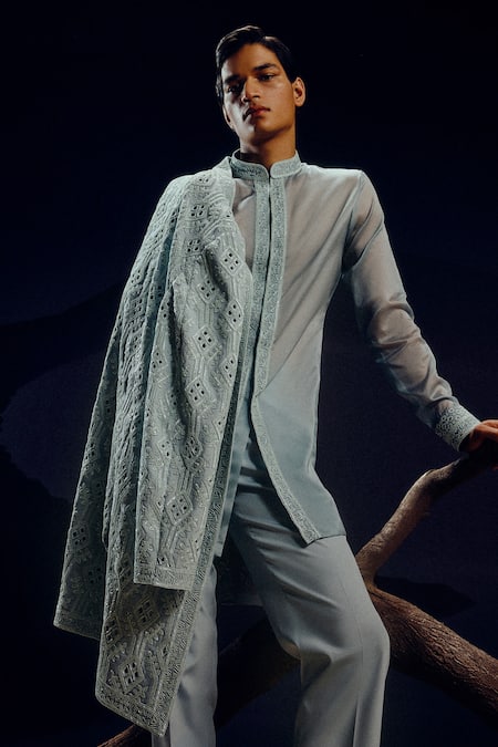 Amaare_Blue Silk, Wool, Organza Embroidery Ice Designer Achkan Set _Online_at_Aza_Fashions