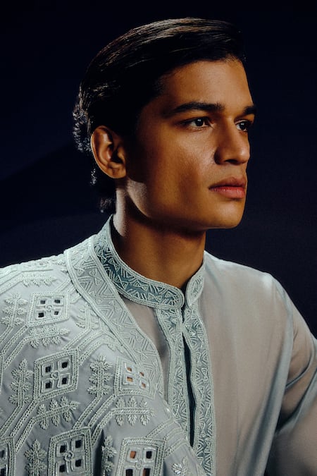 Buy_Amaare_Blue Silk, Wool, Organza Embroidery Ice Designer Achkan Set _Online_at_Aza_Fashions