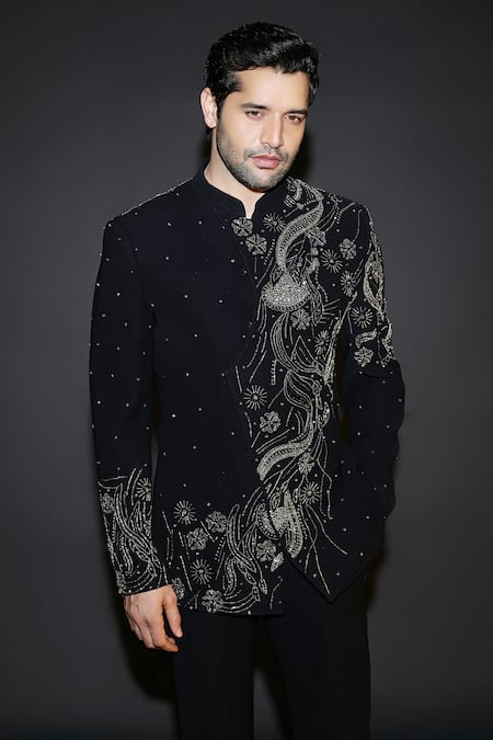 Buy_Courtyard By Abhi_Black Lycra Sequins, Embroidery Japanese Bandhgala Set _Online_at_Aza_Fashions