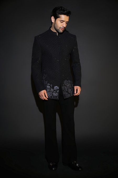 Courtyard By Abhi_Black Terrycloth, Rayon Embroidery Handcrafted Bandhgala Set _Online_at_Aza_Fashions