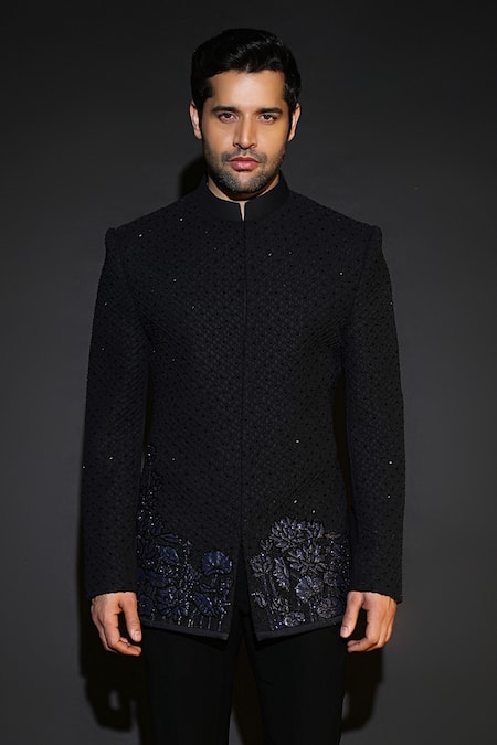 Buy_Courtyard By Abhi_Black Terrycloth, Rayon Embroidery Handcrafted Bandhgala Set _Online_at_Aza_Fashions