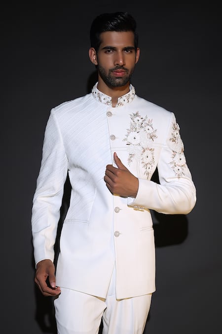Courtyard By Abhi White Japanese Lycra Bandhgala Set 