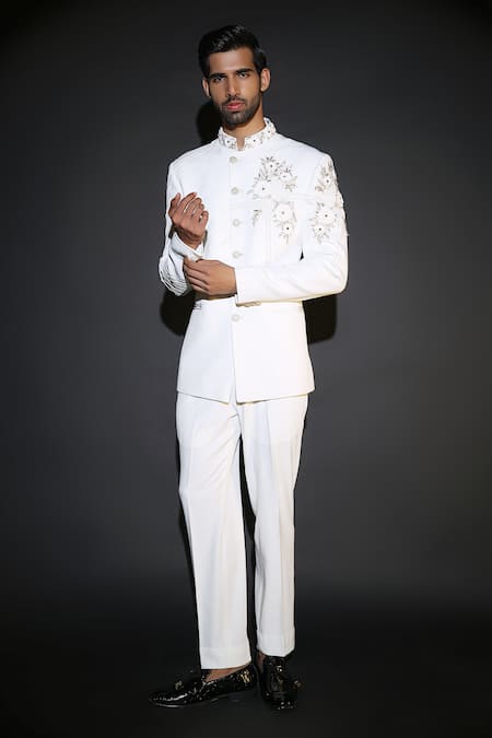 Courtyard by abhi White Japanese Lycra Bandhgala Set 