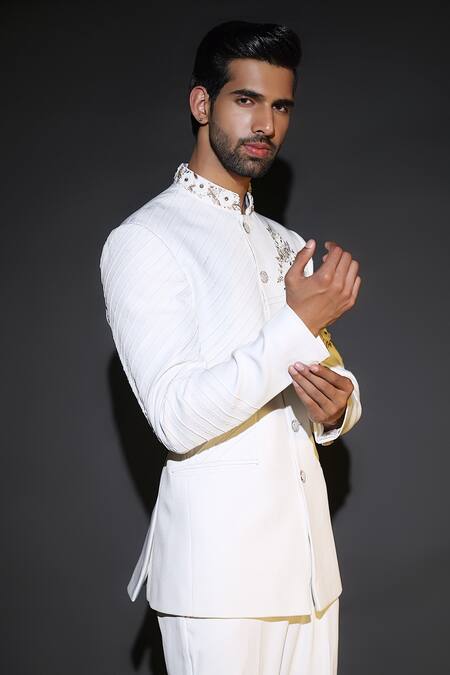 Buy_Courtyard By Abhi_White Lycra Embroidery Japanese Bandhgala Set _Online_at_Aza_Fashions