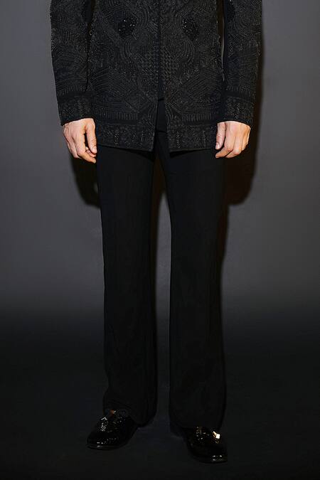 Courtyard By Abhi_Black Lycra Sequins, Embroidery Japanese Bandhgala Set _Online_at_Aza_Fashions