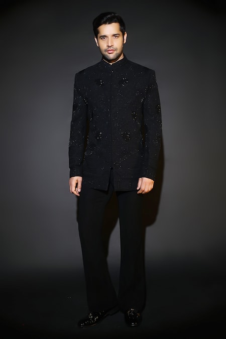 Courtyard By Abhi Black Lycra Sequins, Embroidery Japanese Bandhgala Set 