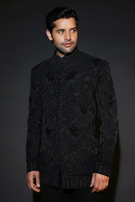 Buy_Courtyard By Abhi_Black Lycra Sequins, Embroidery Japanese Bandhgala Set _Online_at_Aza_Fashions