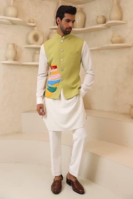 Courtyard by abhi Olive Green Nehru Jacket & Kurta Set 