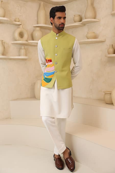 Courtyard By Abhi Olive Green Nehru Jacket & Kurta Set 