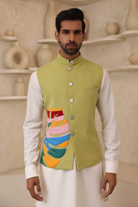 Buy_Courtyard By Abhi_Olive Green Lycra Embroidery Nehru Jacket And Kurta Set _Online_at_Aza_Fashions