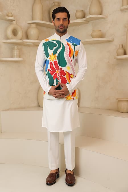 Courtyard By Abhi_White Lycra Colourful Abstract Nehru Jacket And Kurta Set _Online_at_Aza_Fashions
