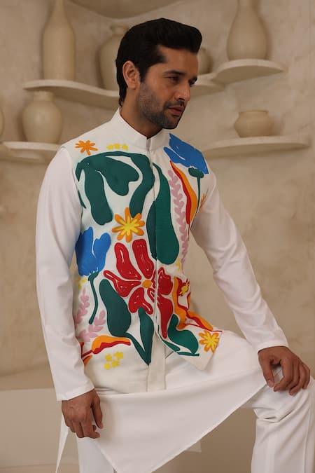 Shop_Courtyard By Abhi_White Lycra Colourful Abstract Nehru Jacket And Kurta Set _Online_at_Aza_Fashions