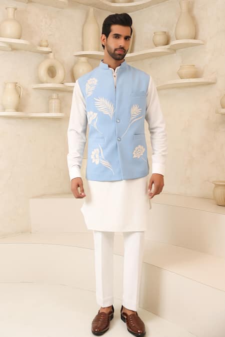 Courtyard By Abhi Sky Blue Handcrafted Nehru Jacket & Kurta Set 