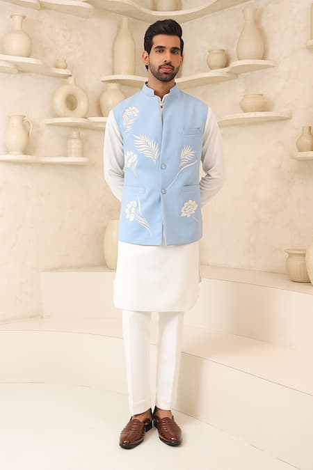 Buy_Courtyard By Abhi_Sky Blue Lycra Embroidery Handcrafted Nehru Jacket And Kurta Set _Online_at_Aza_Fashions